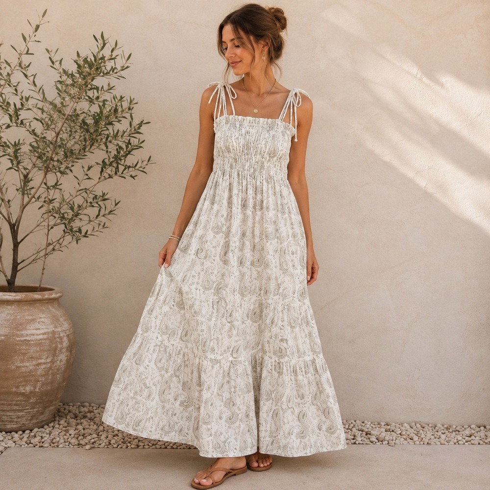 Boho Me Women Black Paisley Smocked Tiered Maxi Dress Boho Cottagecore L New